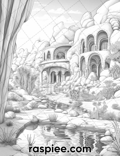 55 Desert Oasis Fairy Homes Grayscale Coloring Pages for Adults, Printable PDF Instant Download
