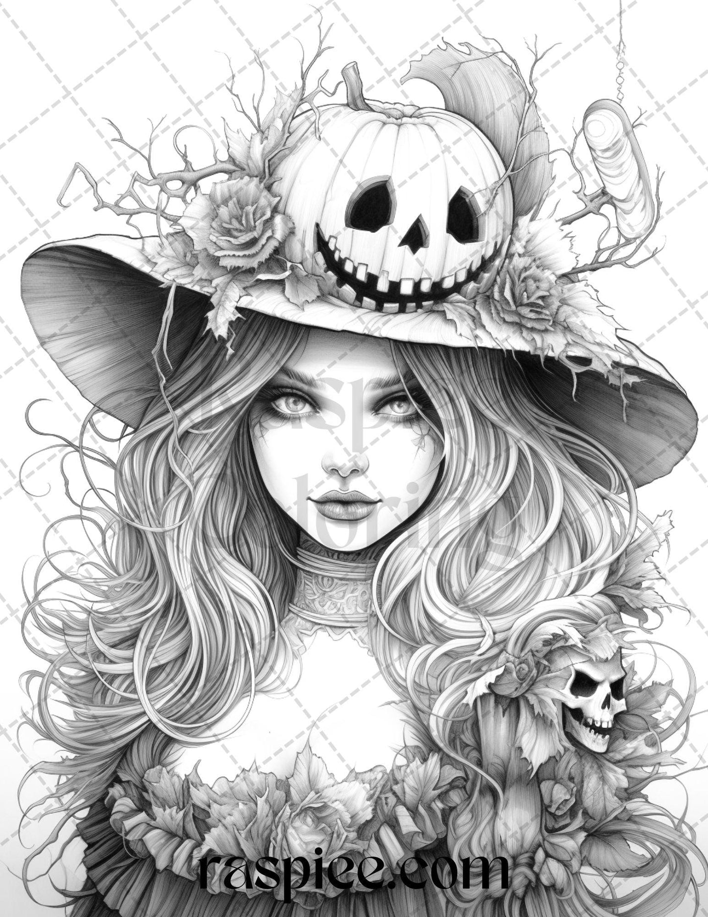 55 Halloween Girls Grayscale Coloring Pages Printable for Adults, PDF File Instant Download