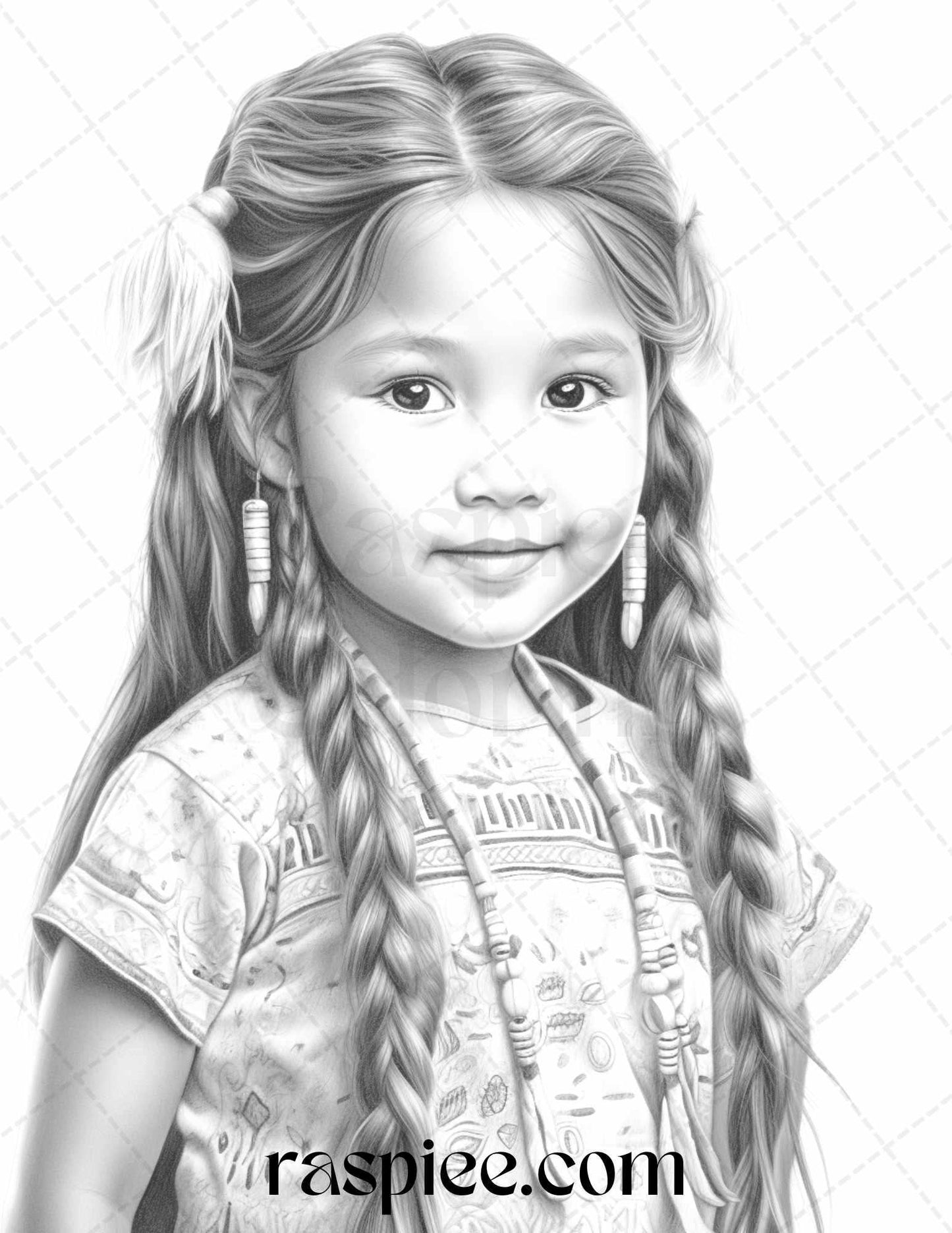 50 Native American Little Girls Boys Grayscale Coloring Pages Printable for Adults Kids, PDF File Instant Download