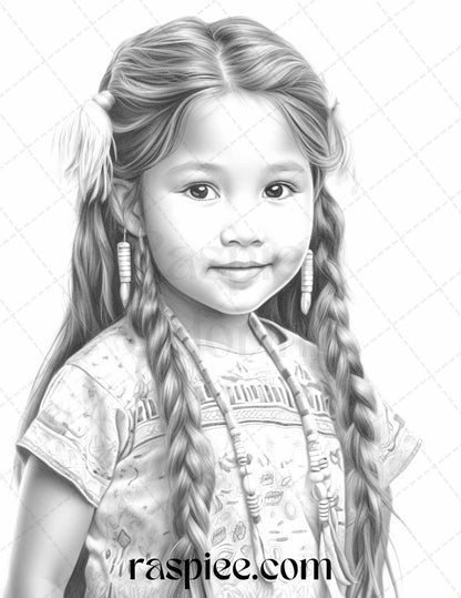 50 Native American Little Girls Boys Grayscale Coloring Pages Printable for Adults Kids, PDF File Instant Download
