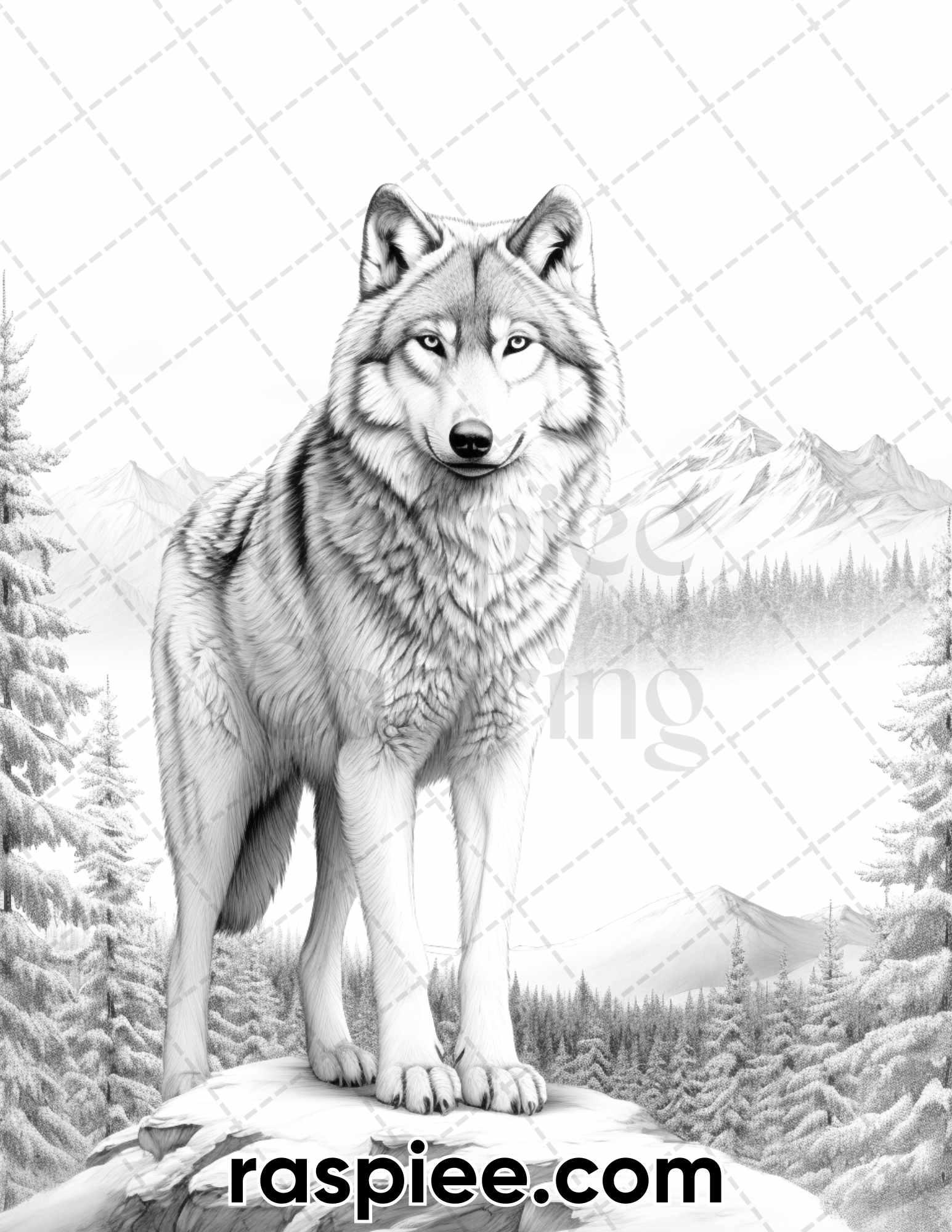 50 Winter Wolf Grayscale Coloring Pages for Adults, Printable PDF Instant Download
