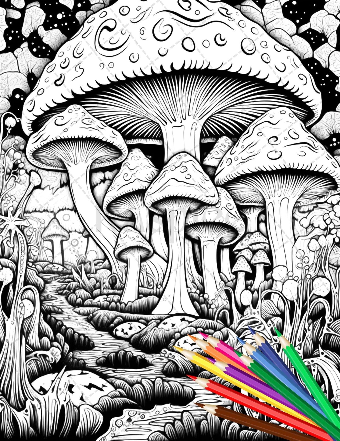 Psychedelic Mushroom Forest Coloring Book Printable for Adults, Trippy Grayscale Coloring Page, PDF File Instant Download