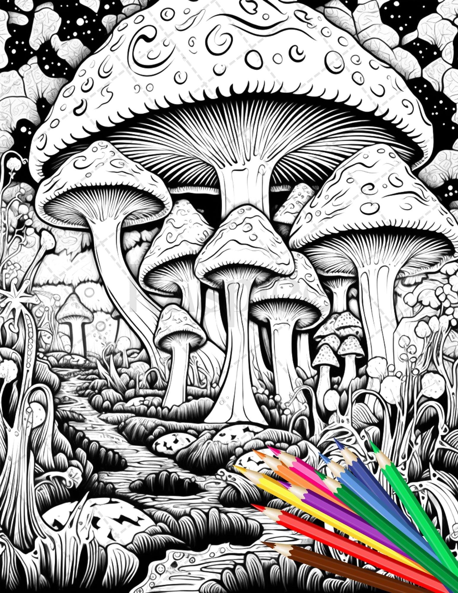 Psychedelic Mushroom Forest Coloring Book Printable for Adults, Trippy Grayscale Coloring Page, PDF File Instant Download