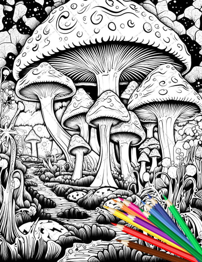 Psychedelic Mushroom Forest Coloring Book Printable for Adults, Trippy Grayscale Coloring Page, PDF File Instant Download