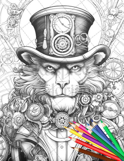 60 Steampunk Animals Grayscale Coloring Pages Printable for Adults, PDF File Instant Download