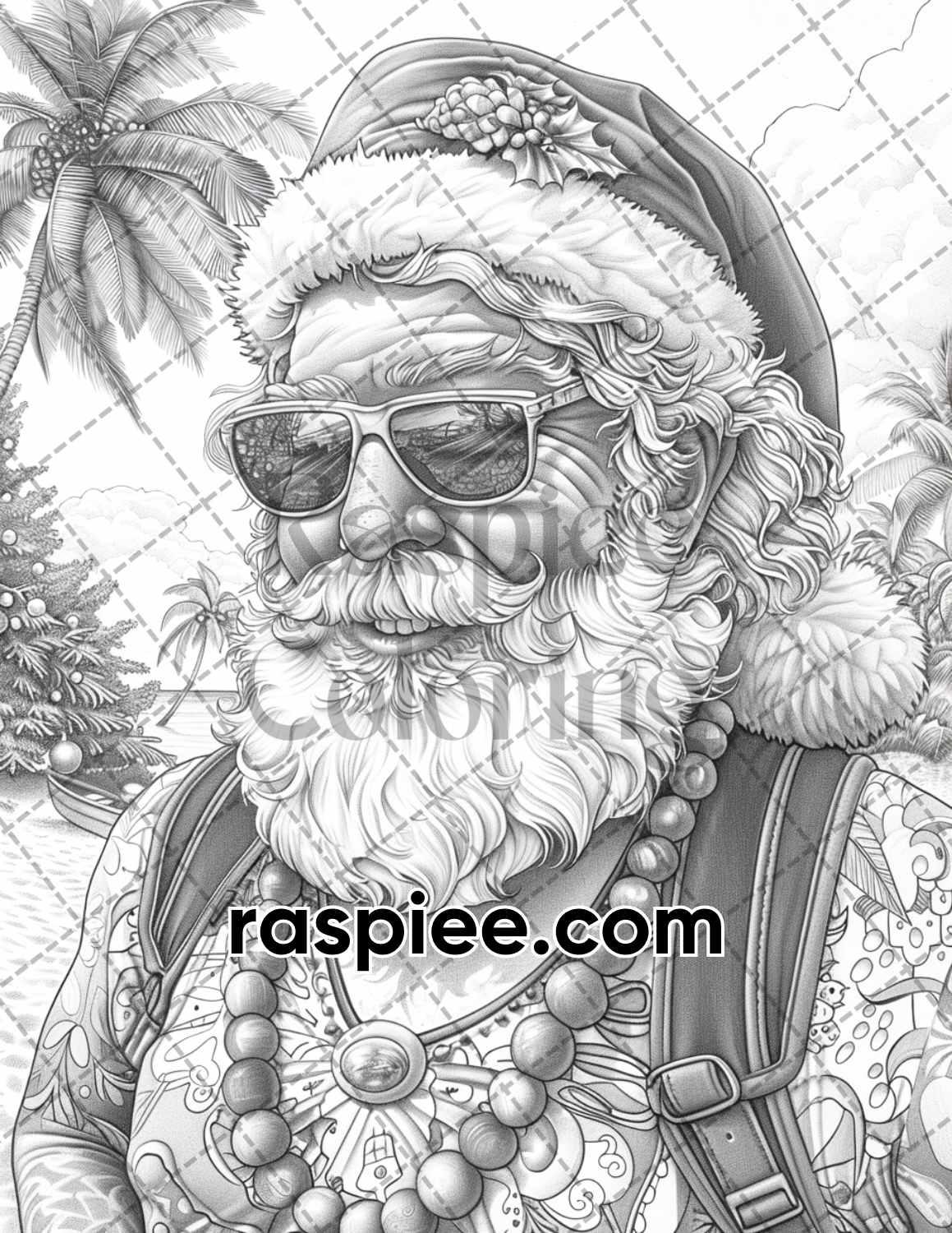 60 Santa Christmas in July Grayscale Adult Coloring Pages Printable PDF Instant Download