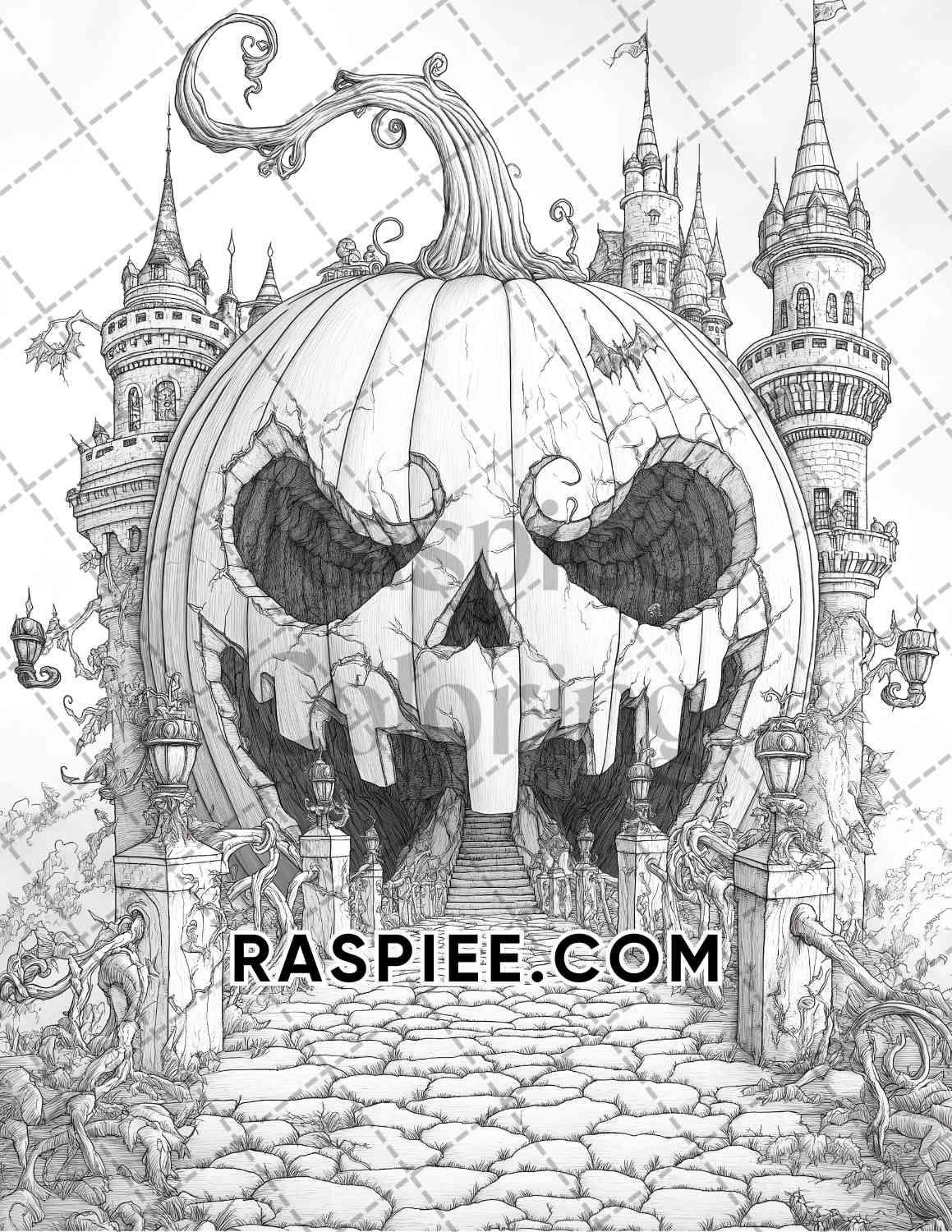 Fantasy Giant Pumpkin Castles Adult Coloring Pages Printable PDF Instant Download