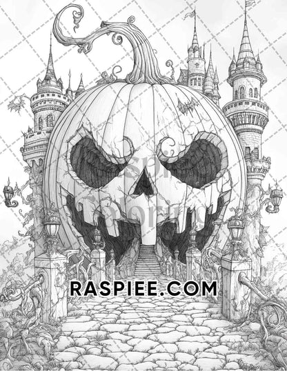 Fantasy Giant Pumpkin Castles Adult Coloring Pages Printable PDF Instant Download