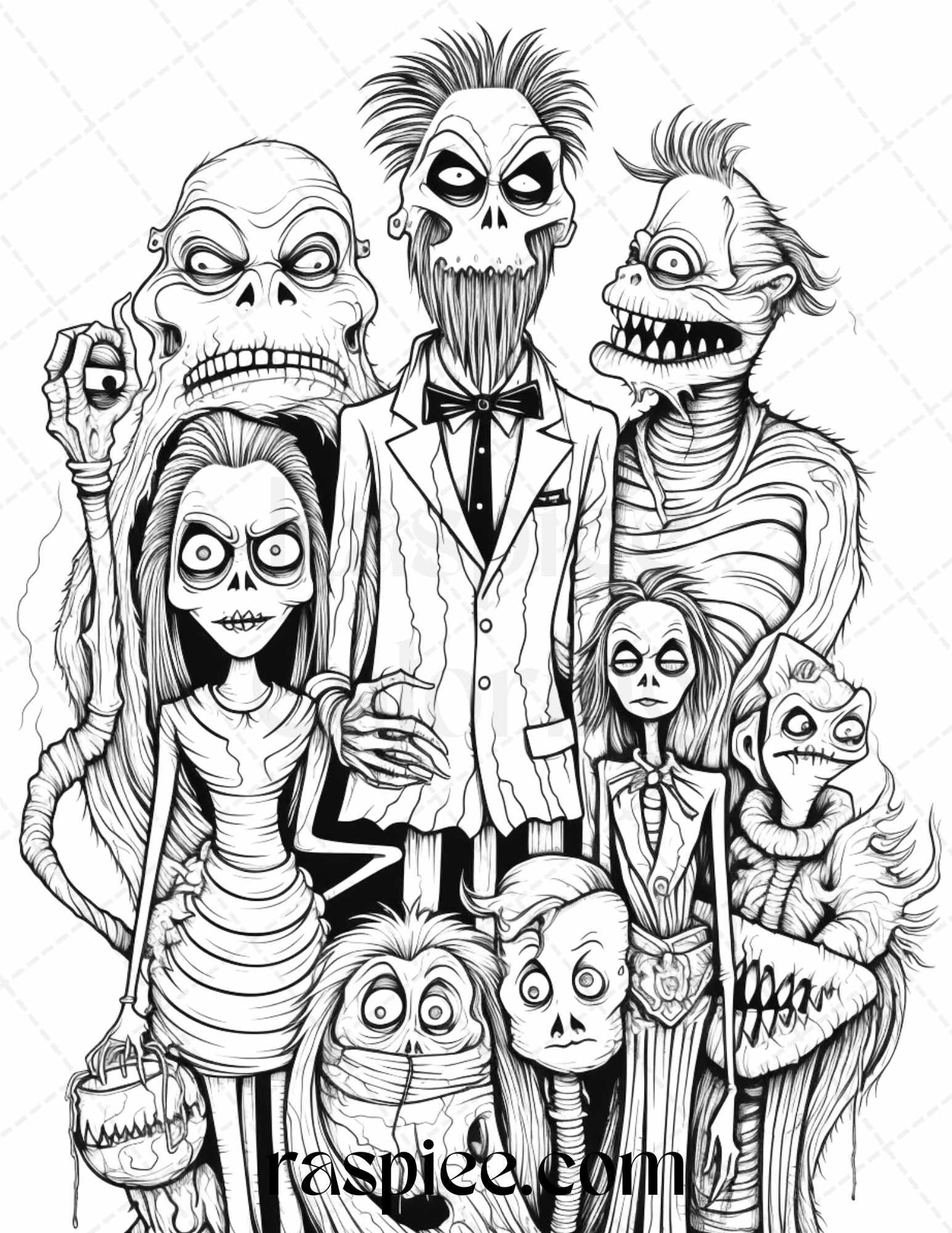 50 Monster Family Grayscale Coloring Pages Printable for Adults - Instant Download, Halloween Coloring Book, Fun and Spooky Designs