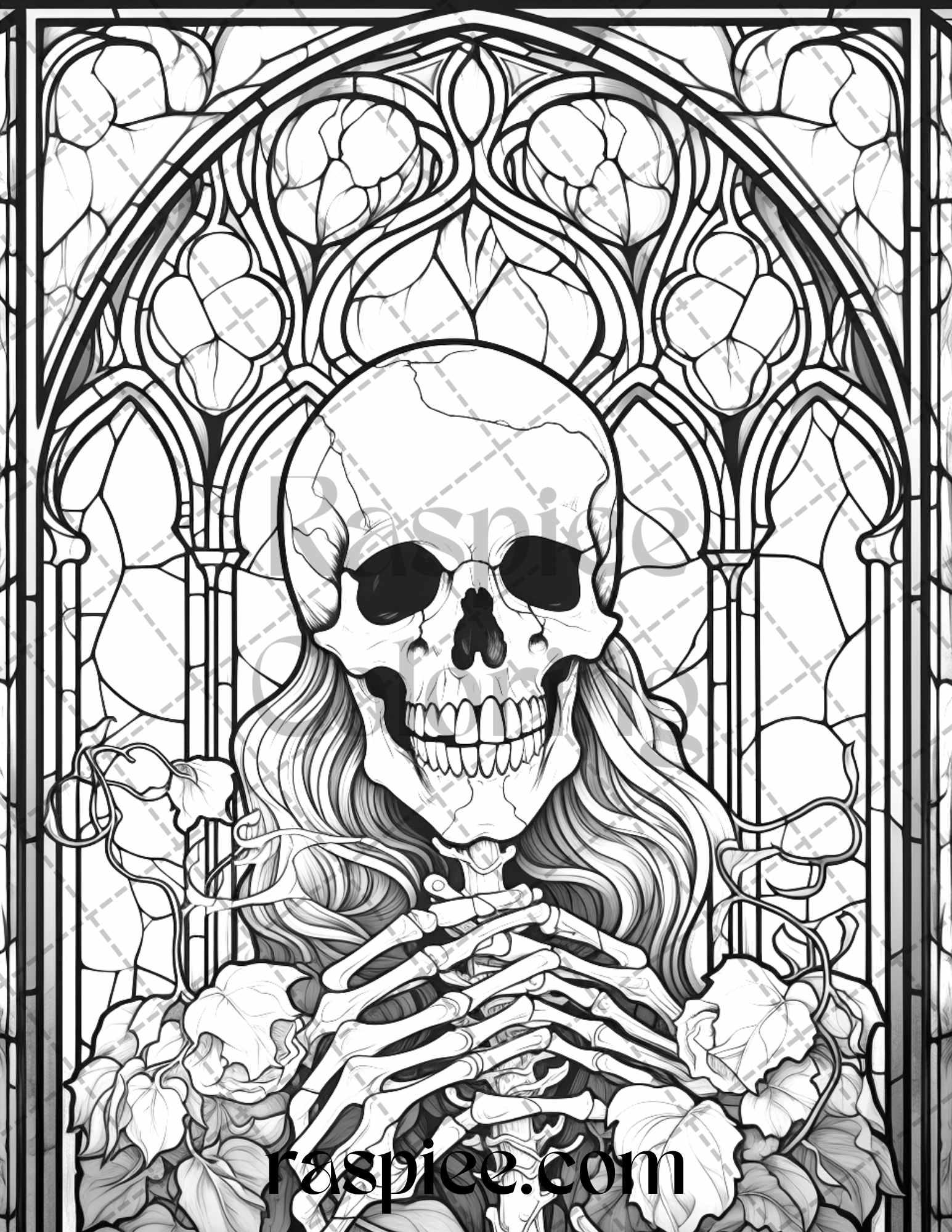 70 Halloween Stained Glass Grayscale Coloring Pages Printable for Adults, PDF File Instant Download
