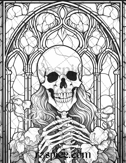 70 Halloween Stained Glass Grayscale Coloring Pages Printable for Adults, PDF File Instant Download