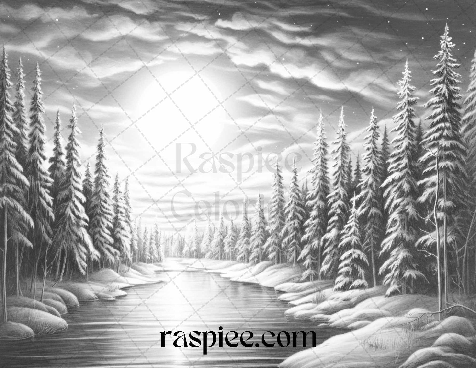 Aurora Borealis Landscape Grayscale Coloring Pages for Adults, Printable PDF File Instant Download