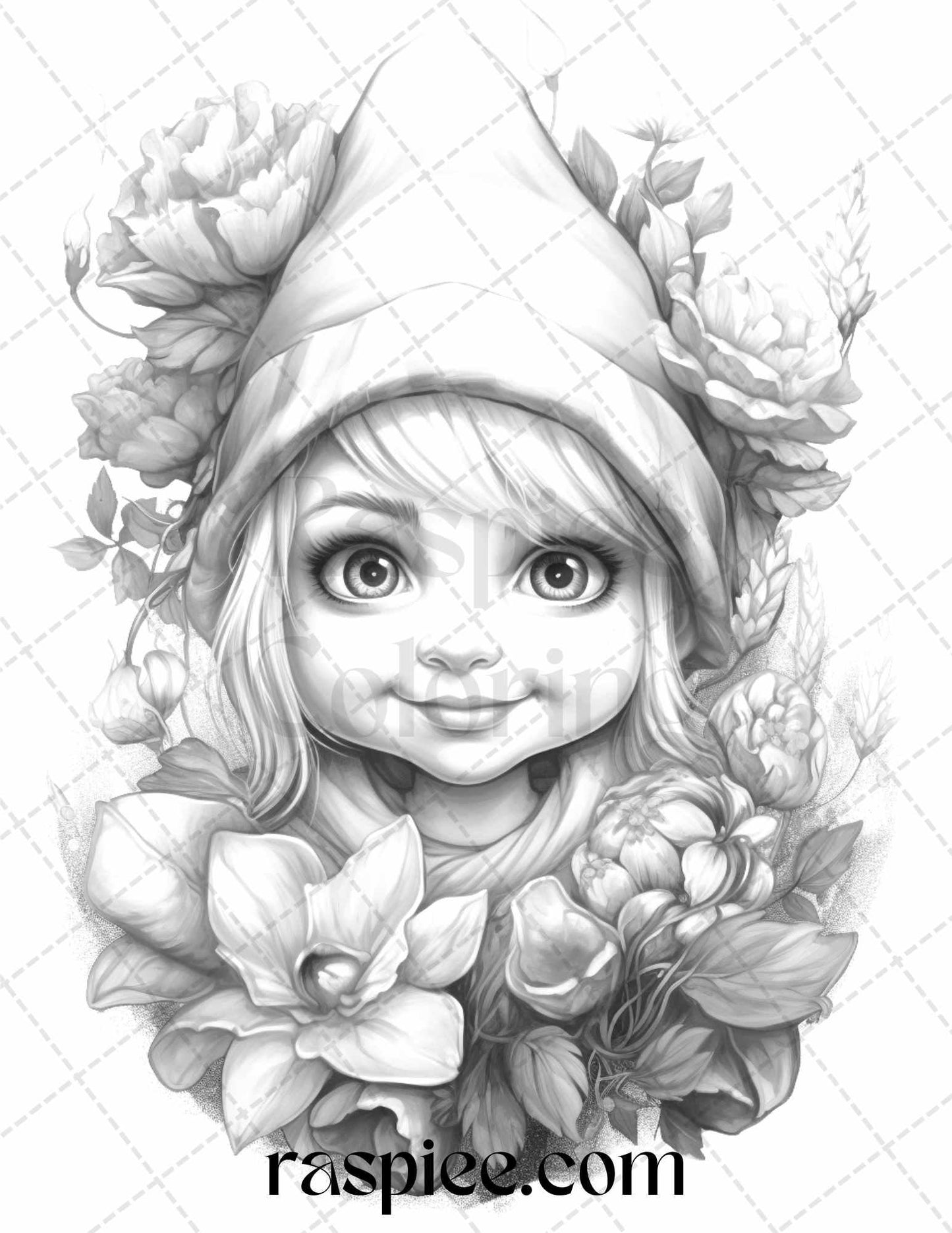 50 Flower Gnomes Grayscale Coloring Pages Printable for Adults Kids, PDF File Instant Download