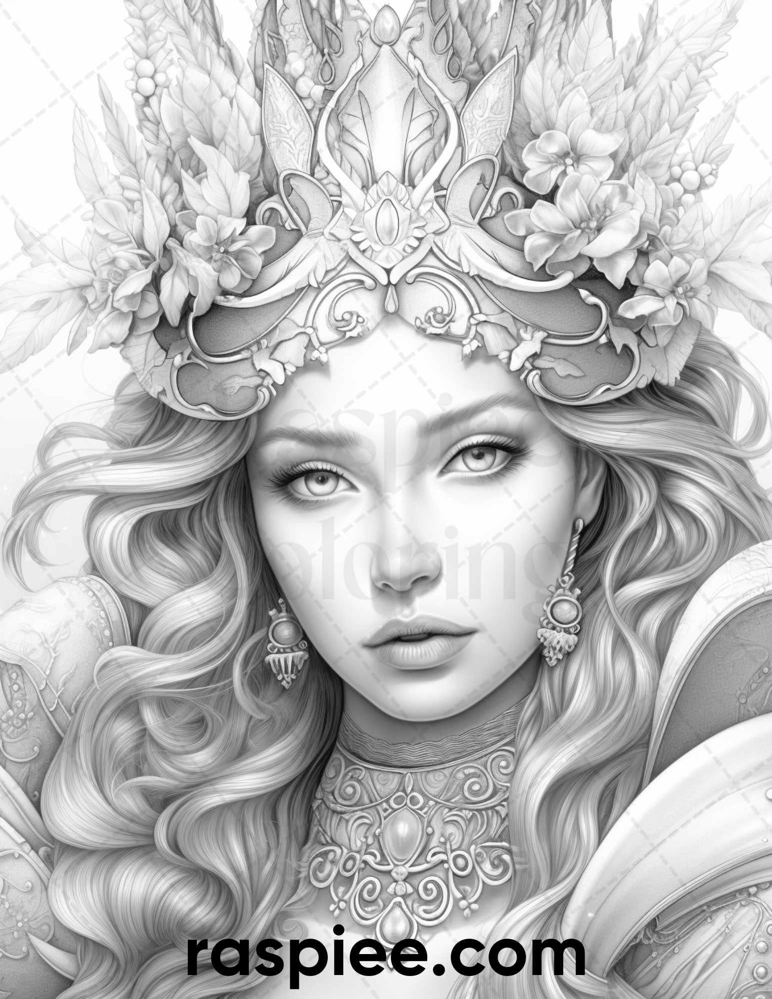 50 Winter Queens Portrait Grayscale Coloring Pages Printable for Adults, PDF File Instant Download