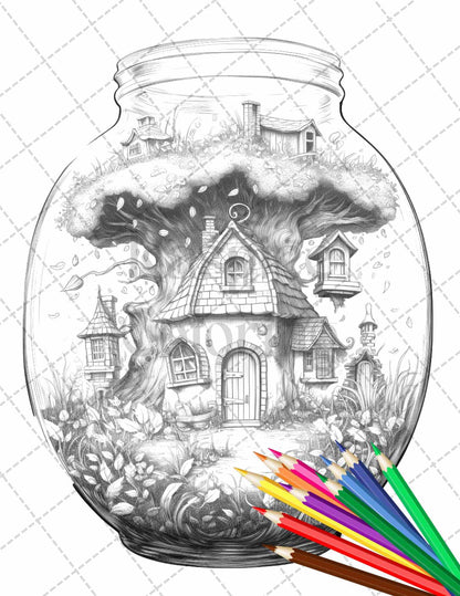 Fairy House in Jar Grayscale Coloring Pages Printable for Adults, PDF File Instant Download