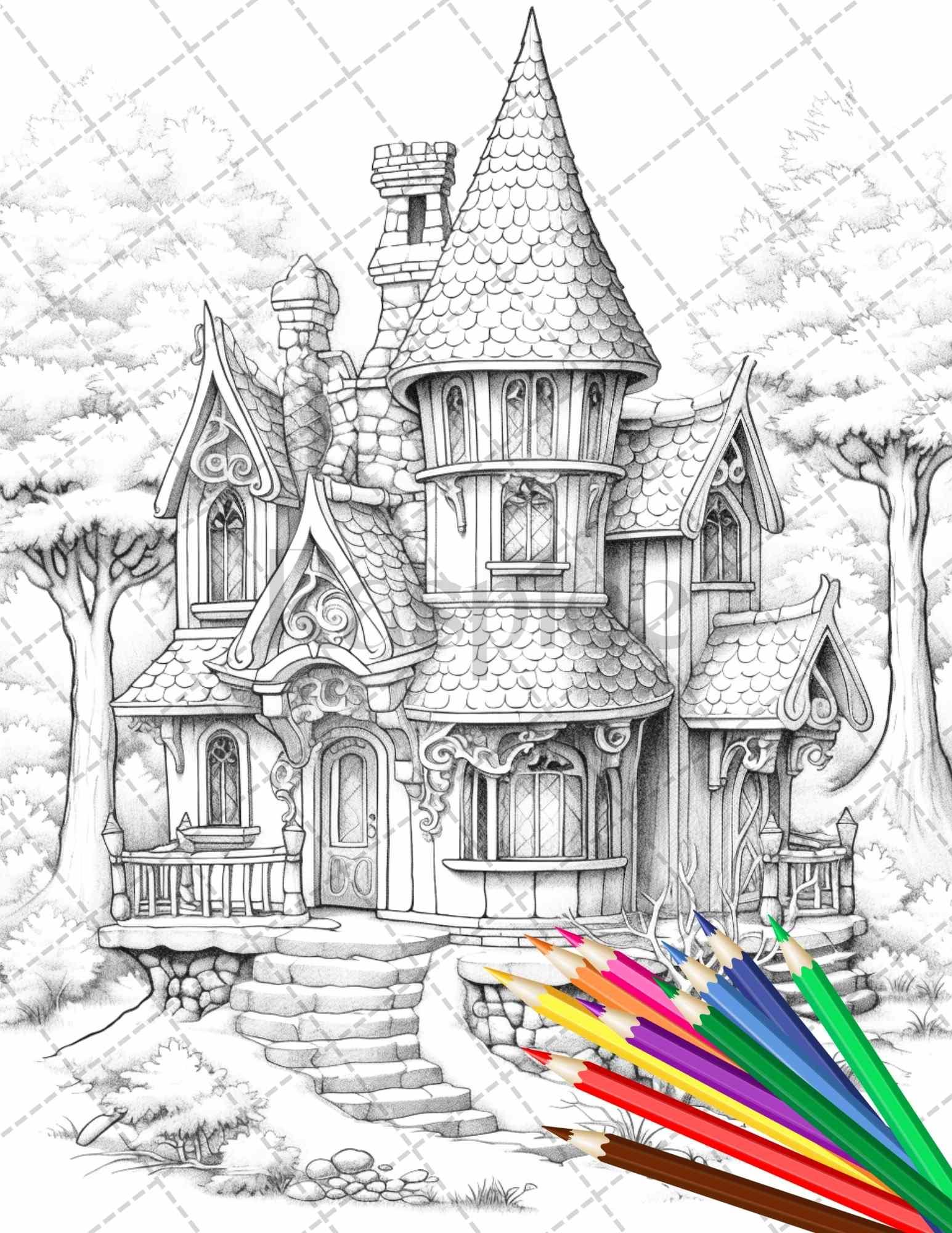 63 Winter Fairy Houses Grayscale Coloring Pages Printable for Adults, PDF File Instant Download