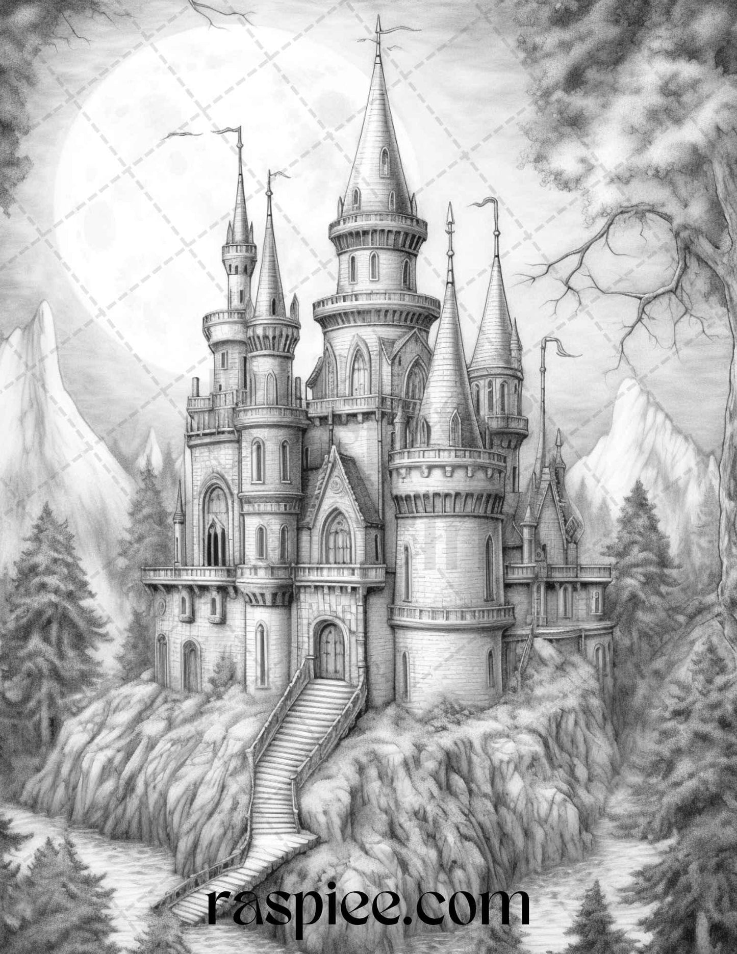 50 Haunted Castles Grayscale Coloring Pages Printable, Halloween Coloring Book, PDF File Instant Download