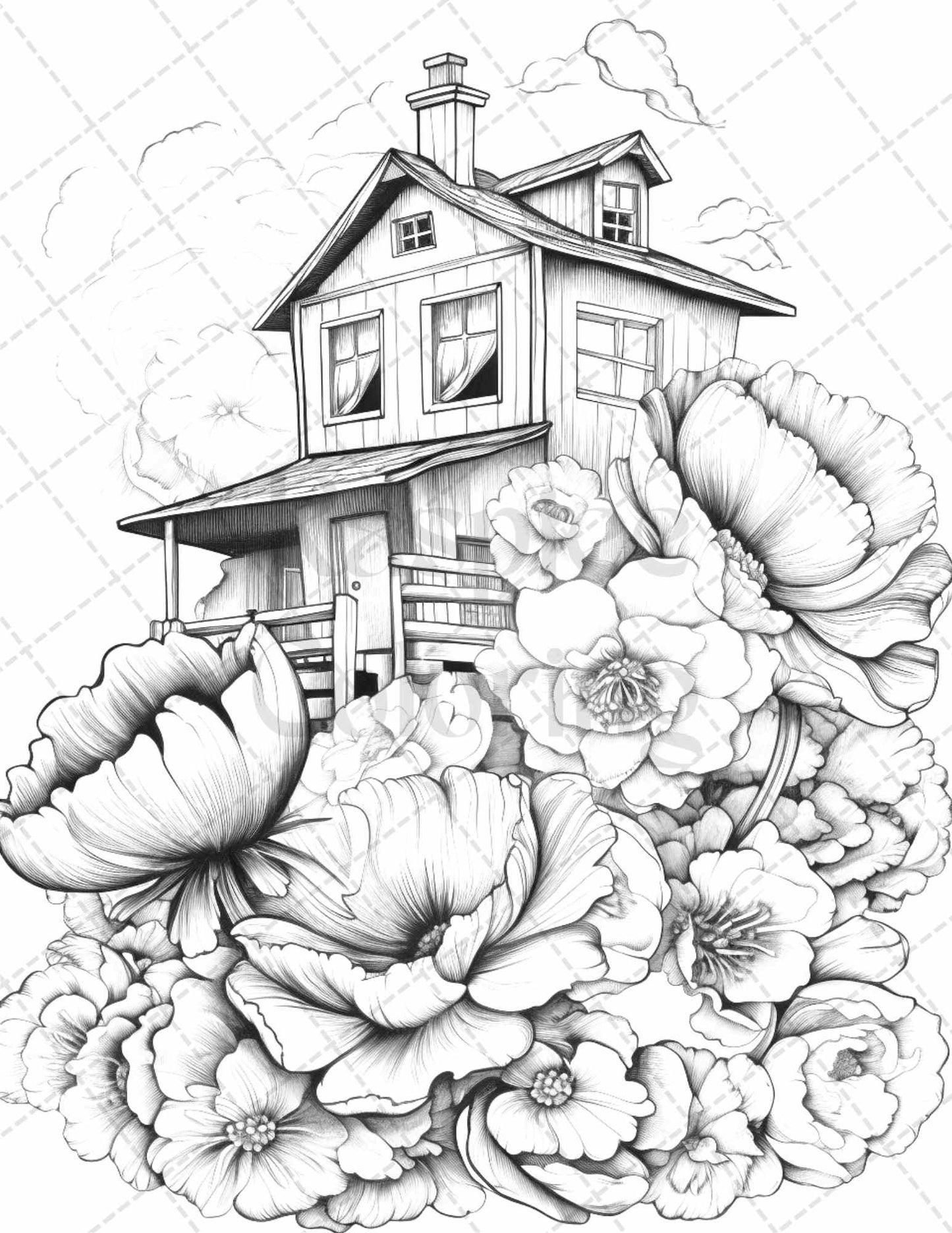 60 Flower Houses Grayscale Coloring Pages Printable for Adults, PDF File Instant Download