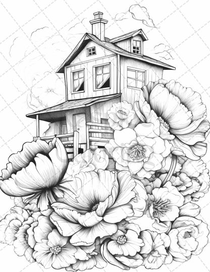 60 Flower Houses Grayscale Coloring Pages Printable for Adults, PDF File Instant Download