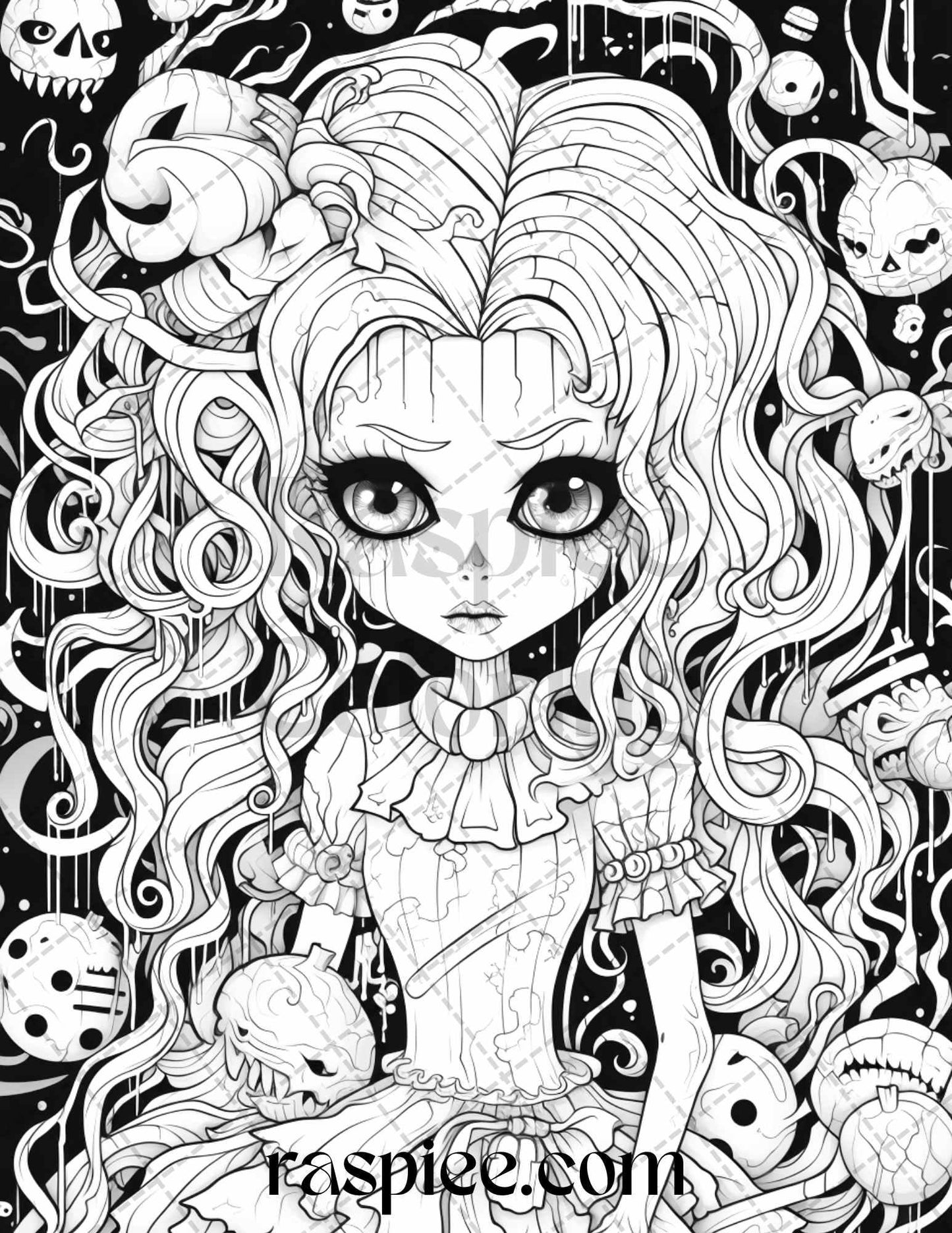 50 Spooky Miss Nightmare Grayscale Coloring Pages Printable for Adults, PDF File Instant Download