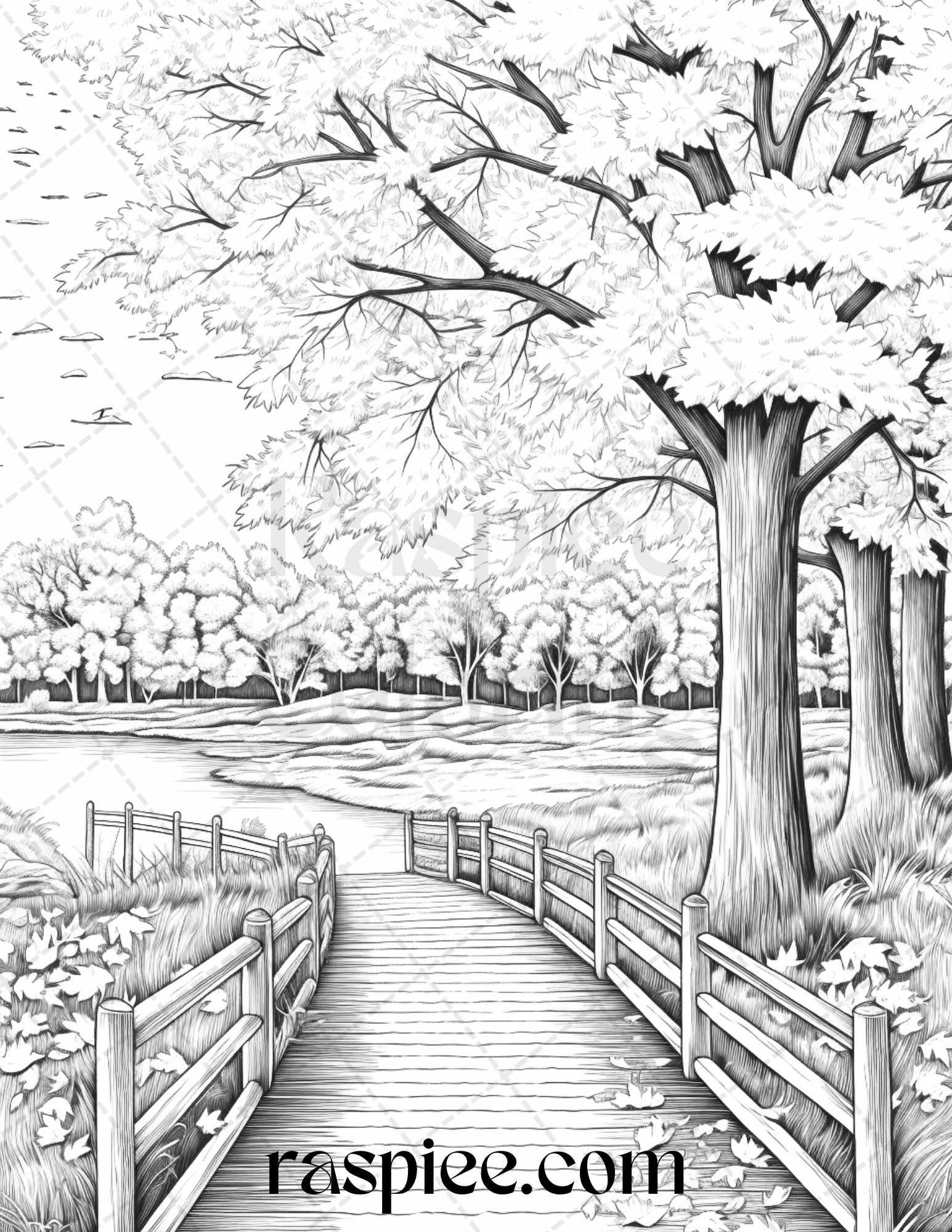 Autumn Scenery Grayscale Coloring Pages Printable for Adults, PDF File Instant Download