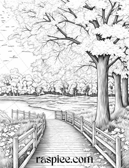 Autumn Scenery Grayscale Coloring Pages Printable for Adults, PDF File Instant Download