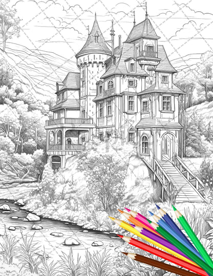 122 Fantasy Castles Coloring Book for Adults, Grayscale Coloring Page, Printable PDF Instant Download