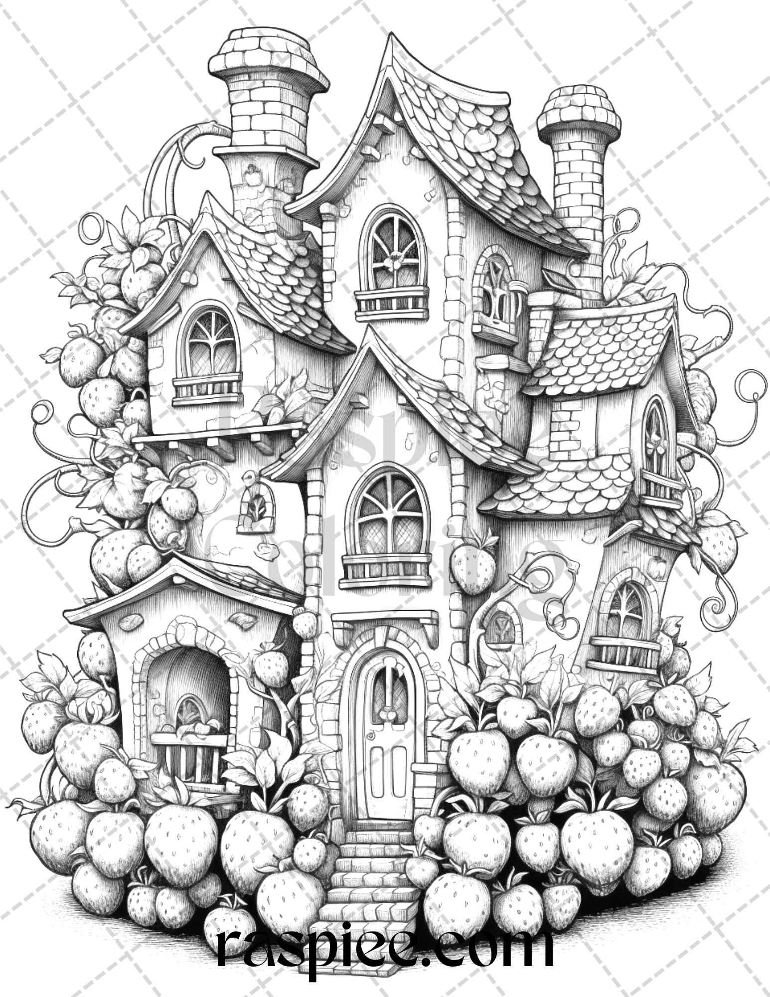 50 Strawberry Houses Grayscale Coloring Pages Printable for Adults Kids, PDF File Instant Download