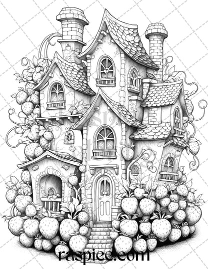 50 Strawberry Houses Grayscale Coloring Pages Printable for Adults Kids, PDF File Instant Download