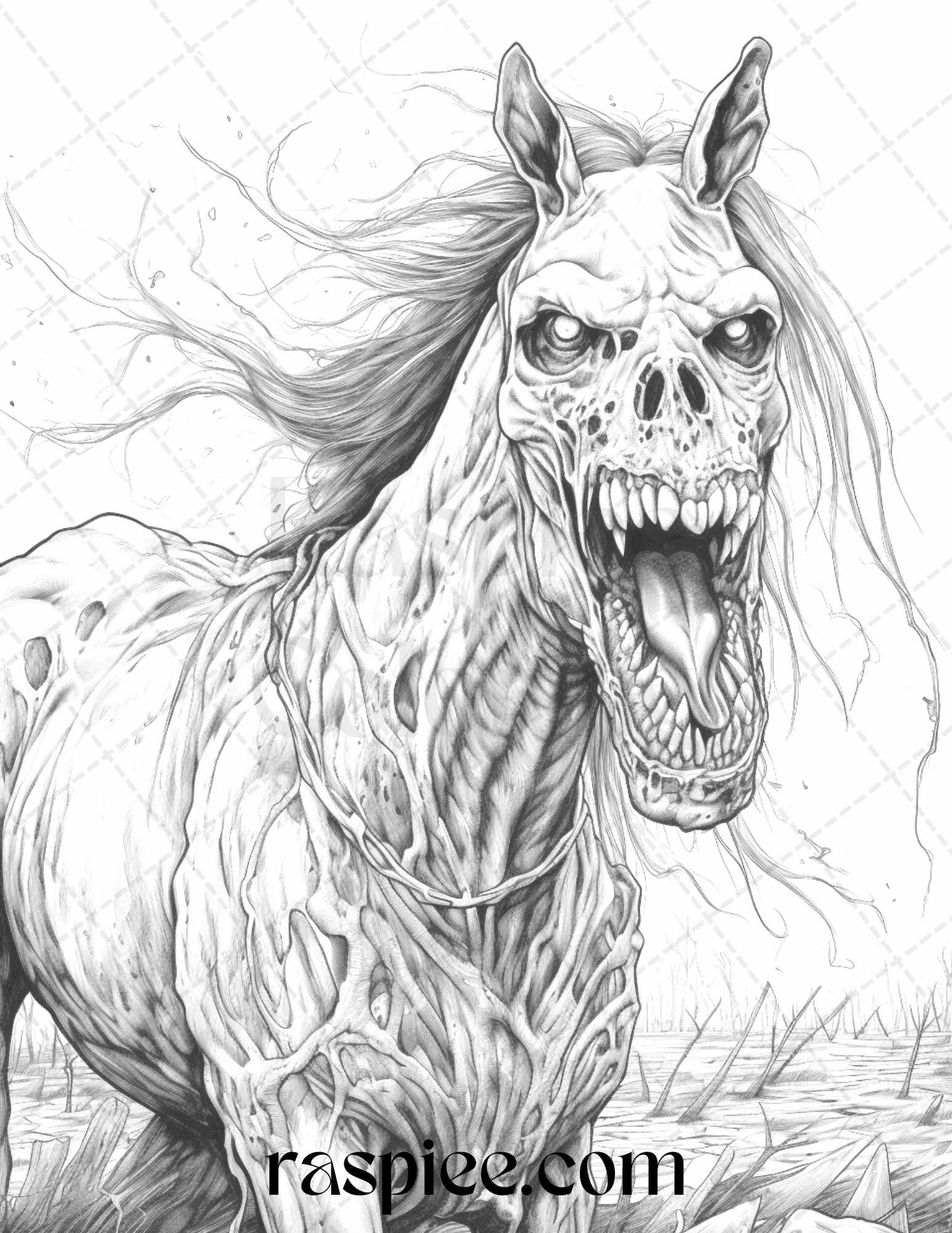 66 Horror Zombie Animals Grayscale Coloring Pages Printable for Adults, PDF File Instant Download