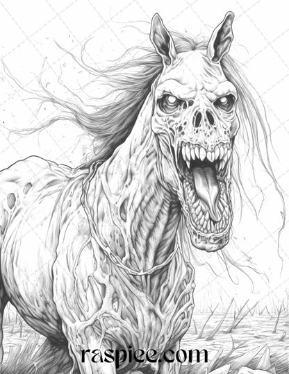 66 Horror Zombie Animals Grayscale Coloring Pages Printable for Adults, PDF File Instant Download