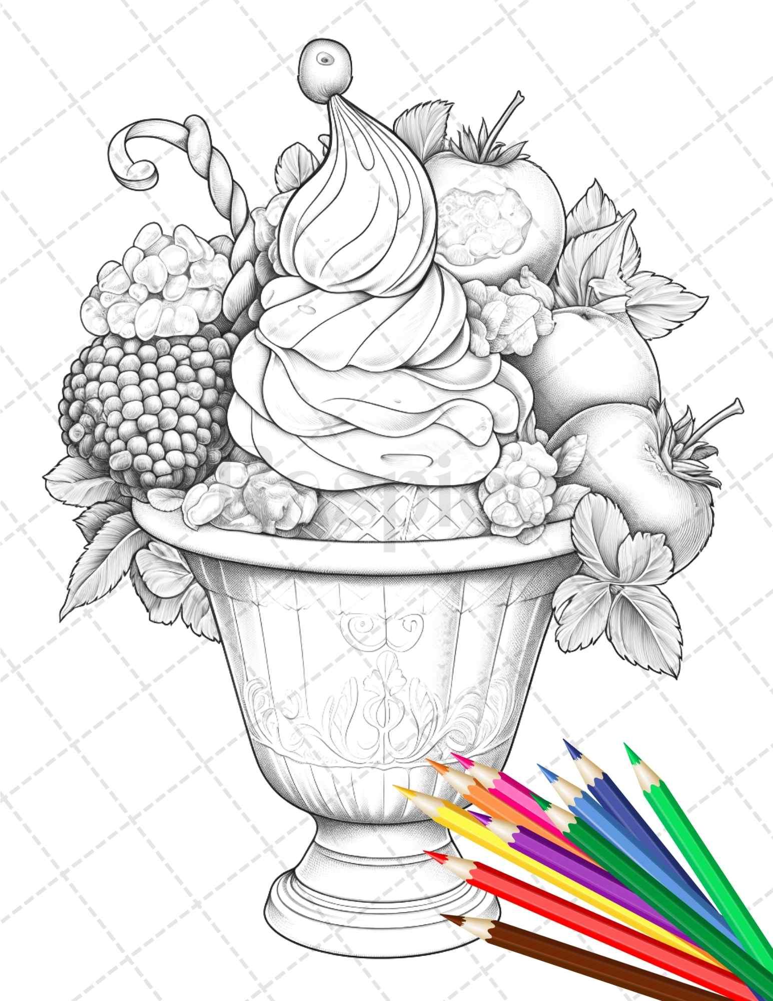 52 Printable Ice Cream Desserts Coloring Pages for Adults and Kids, Grayscale Coloring Page, PDF File Instant Download