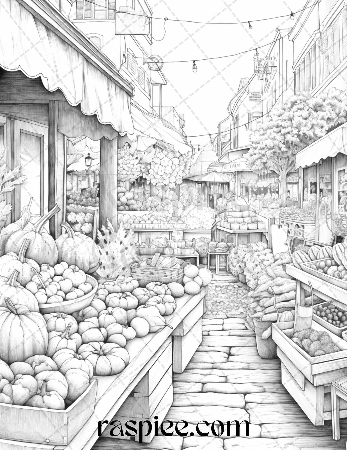 Autumn Street Markets Grayscale Coloring Pages for Adults, Printable PDF File Instant Download