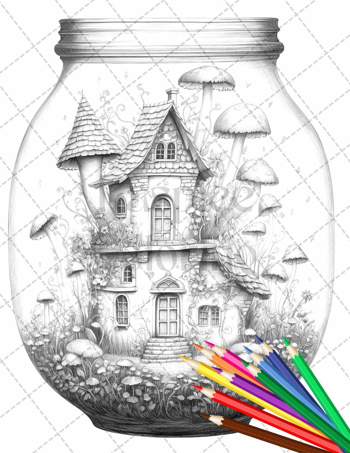 Fairy House in Jar Grayscale Coloring Pages Printable for Adults, PDF File Instant Download