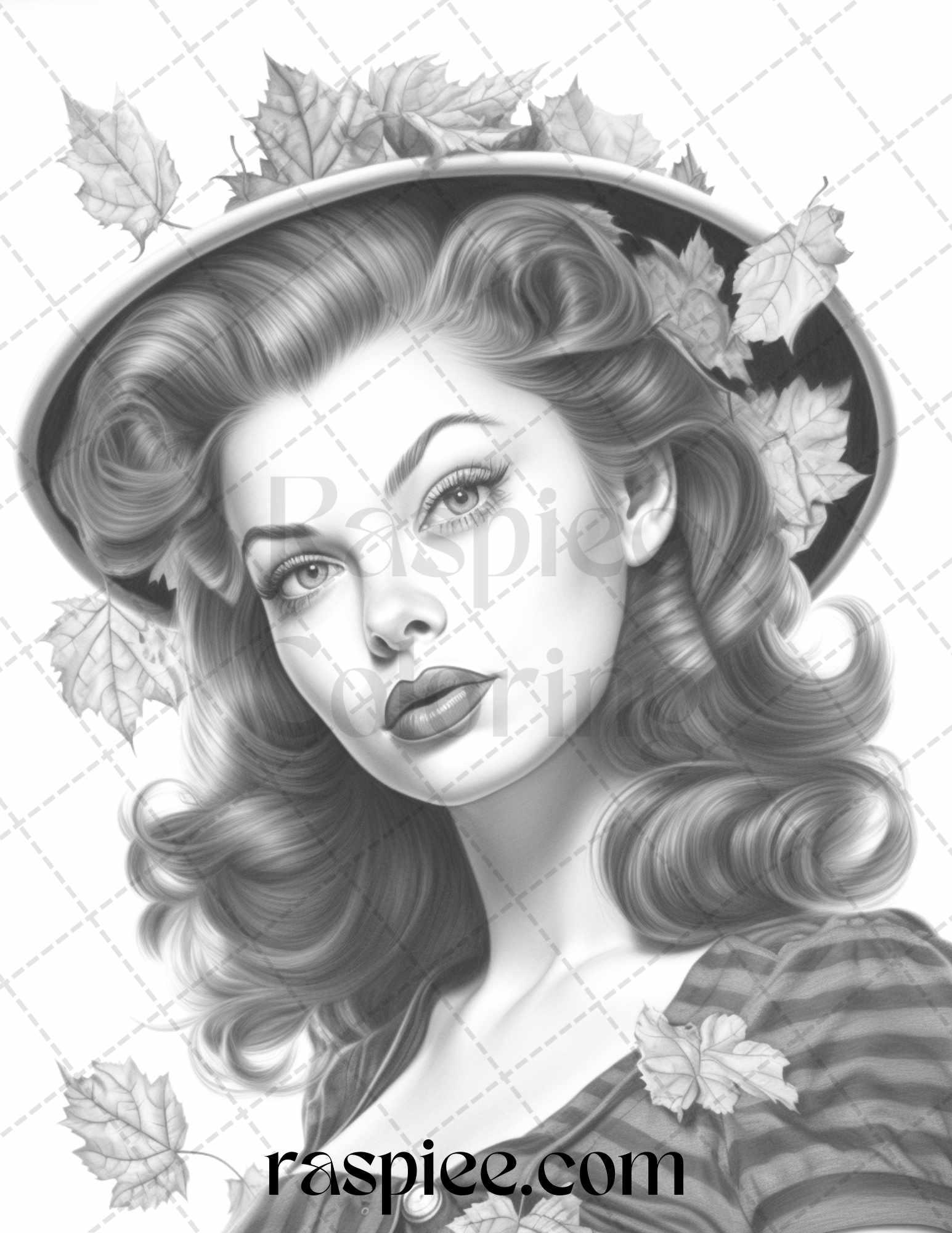 55 Autumn Pin Up Girls Grayscale Coloring Pages Printable for Adults, PDF File Instant Download