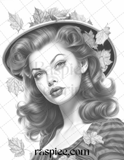 55 Autumn Pin Up Girls Grayscale Coloring Pages Printable for Adults, PDF File Instant Download