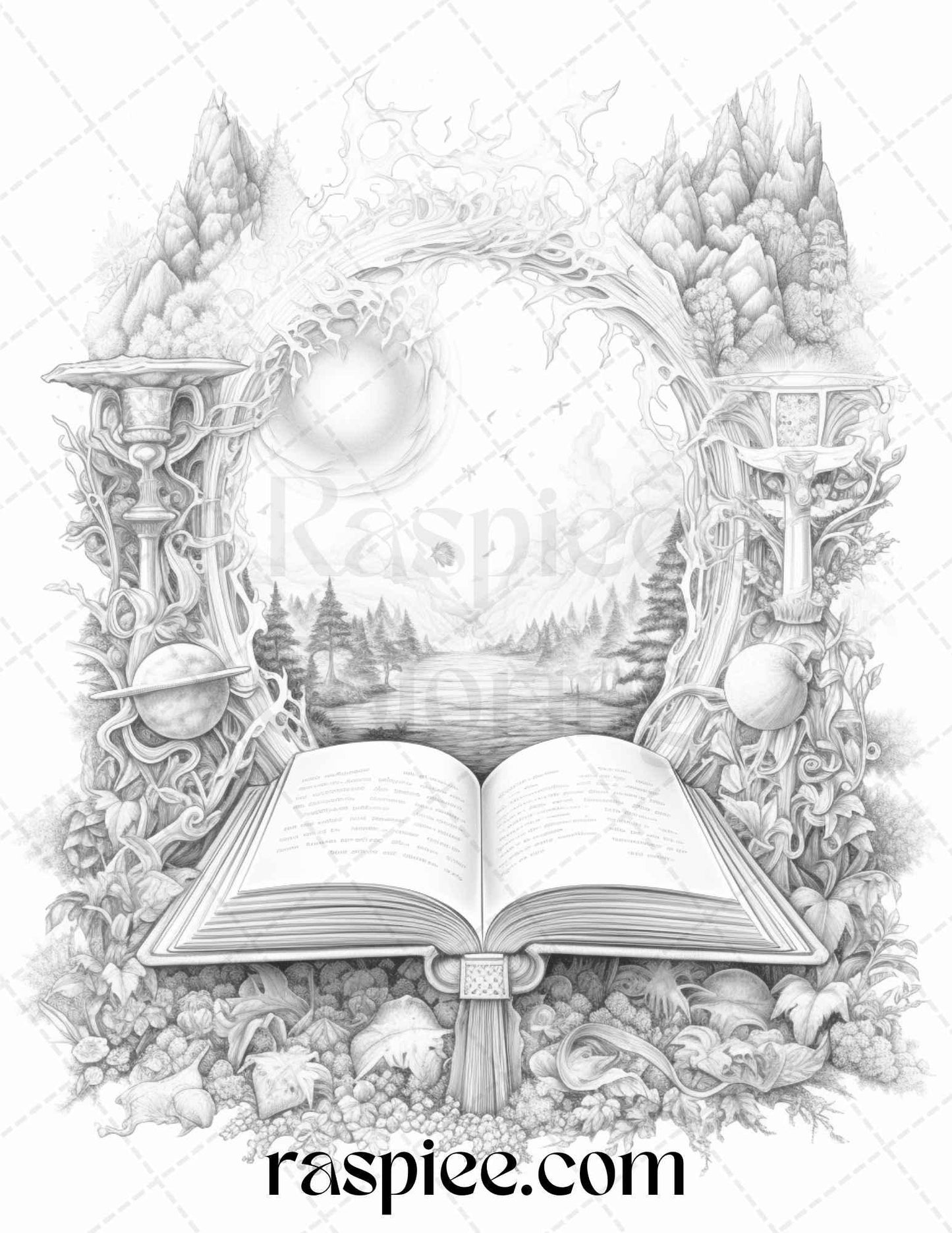 50 Magical Books Grayscale Coloring Pages Printable for Adults, PDF File Instant Download