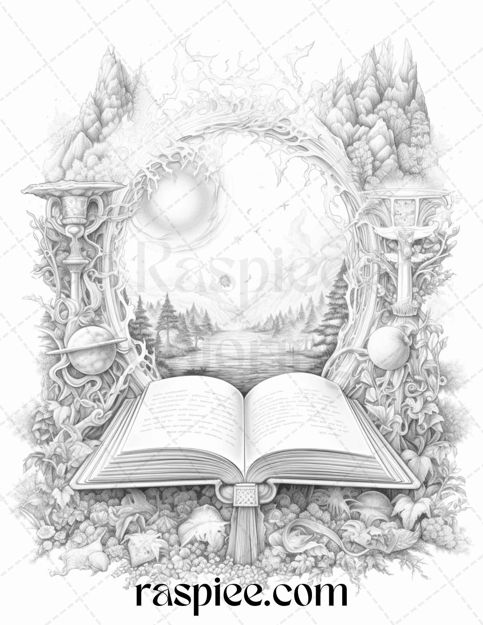 50 Magical Books Grayscale Coloring Pages Printable for Adults, PDF File Instant Download