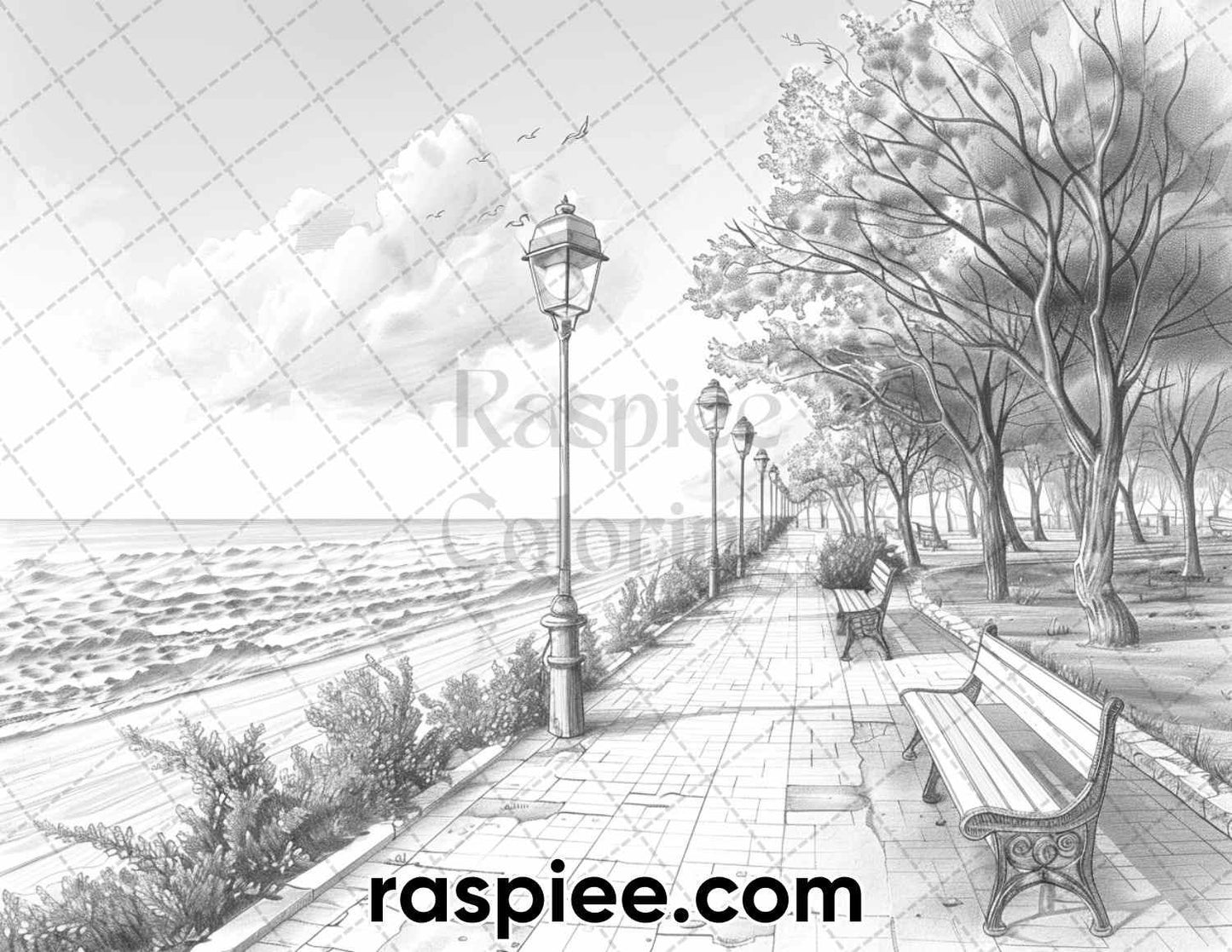 65 Coastal Landscapes Grayscale Adult Coloring Pages, Printable PDF Instant Download
