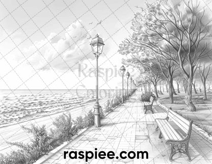 65 Coastal Landscapes Grayscale Adult Coloring Pages, Printable PDF Instant Download