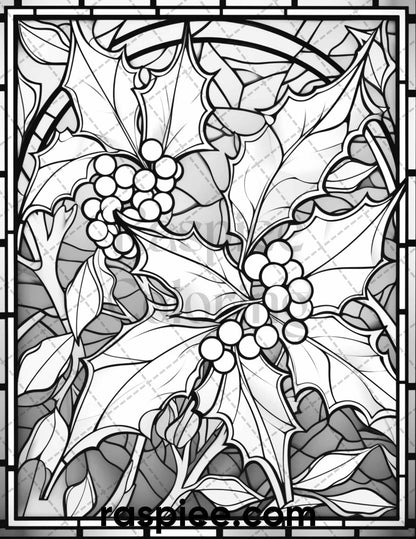 50 Christmas Stained Glass Grayscale Coloring Pages for Adults, Printable PDF File Instant Download