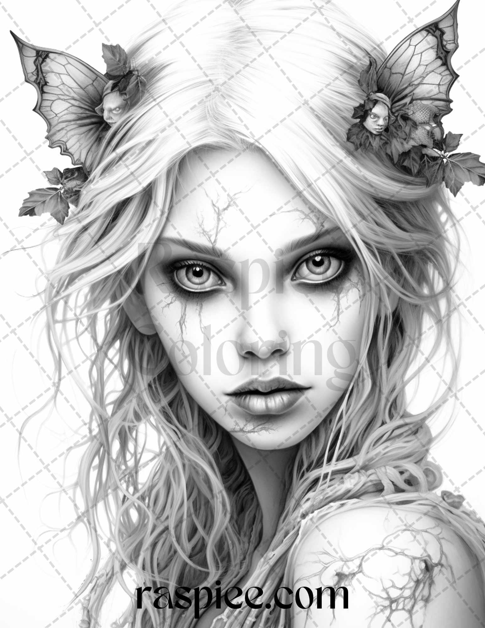 60 Halloween Zombie Fairy Grayscale Coloring Pages Printable for Adults, PDF File Instant Download