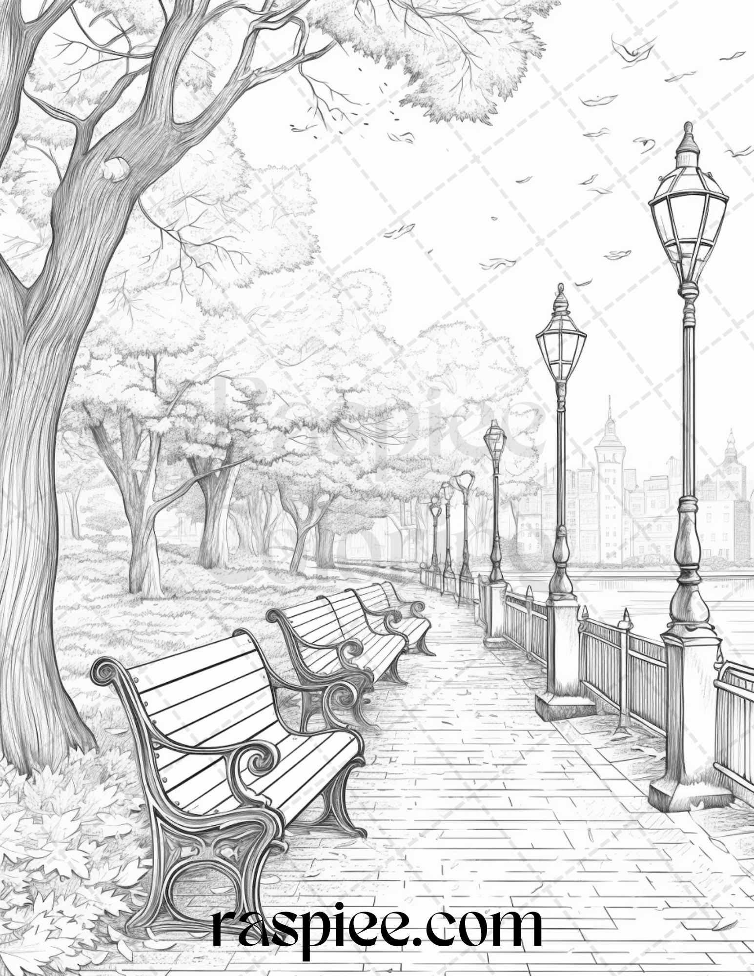 Autumn Scenery Grayscale Coloring Pages Printable for Adults, PDF File Instant Download