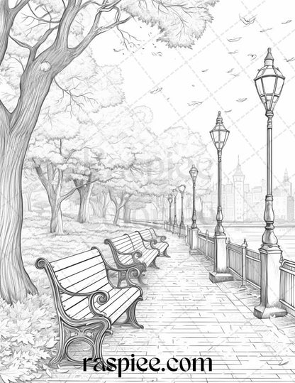 Autumn Scenery Grayscale Coloring Pages Printable for Adults, PDF File Instant Download