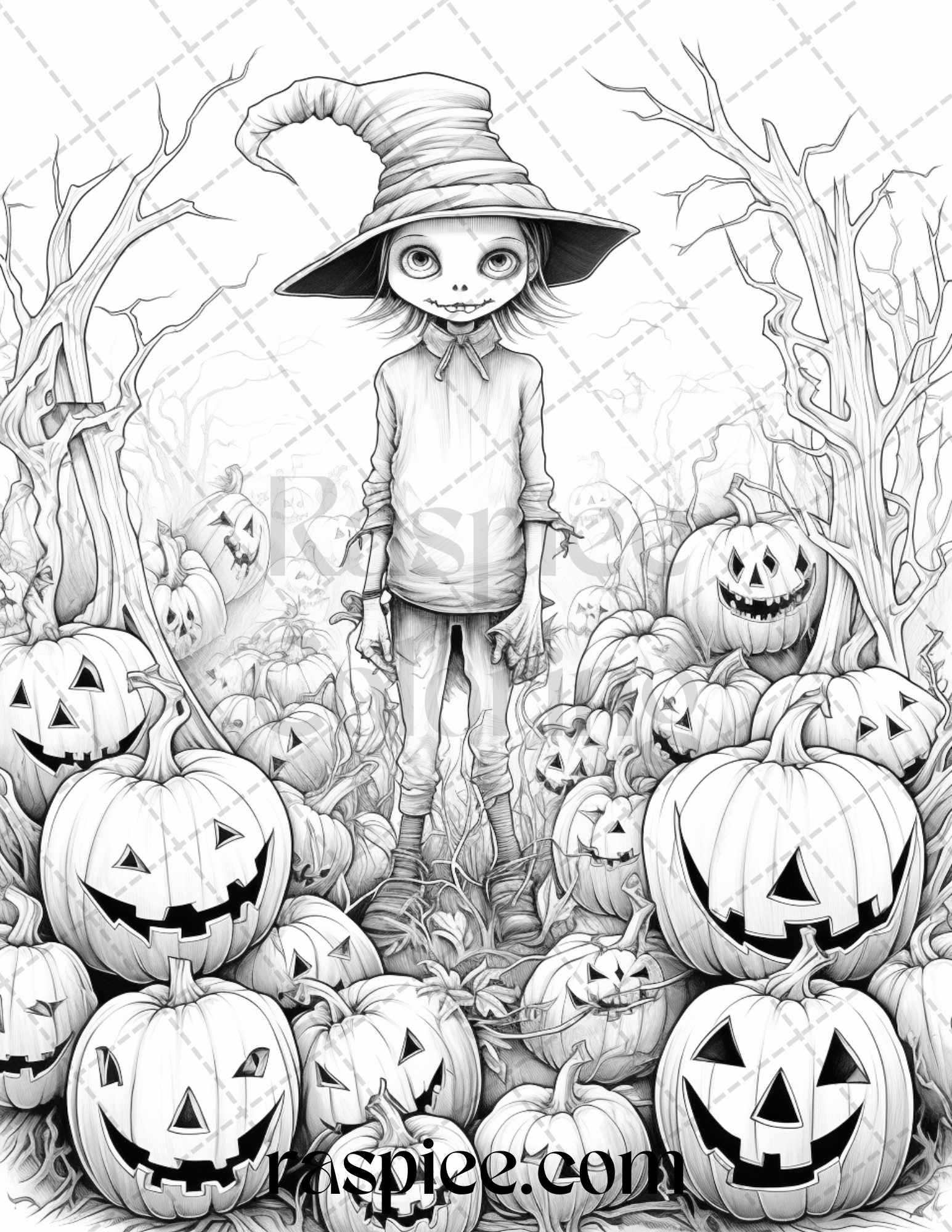 50 Halloween Scarecrows Grayscale Coloring Pages Printable for Adults, PDF File Instant Download