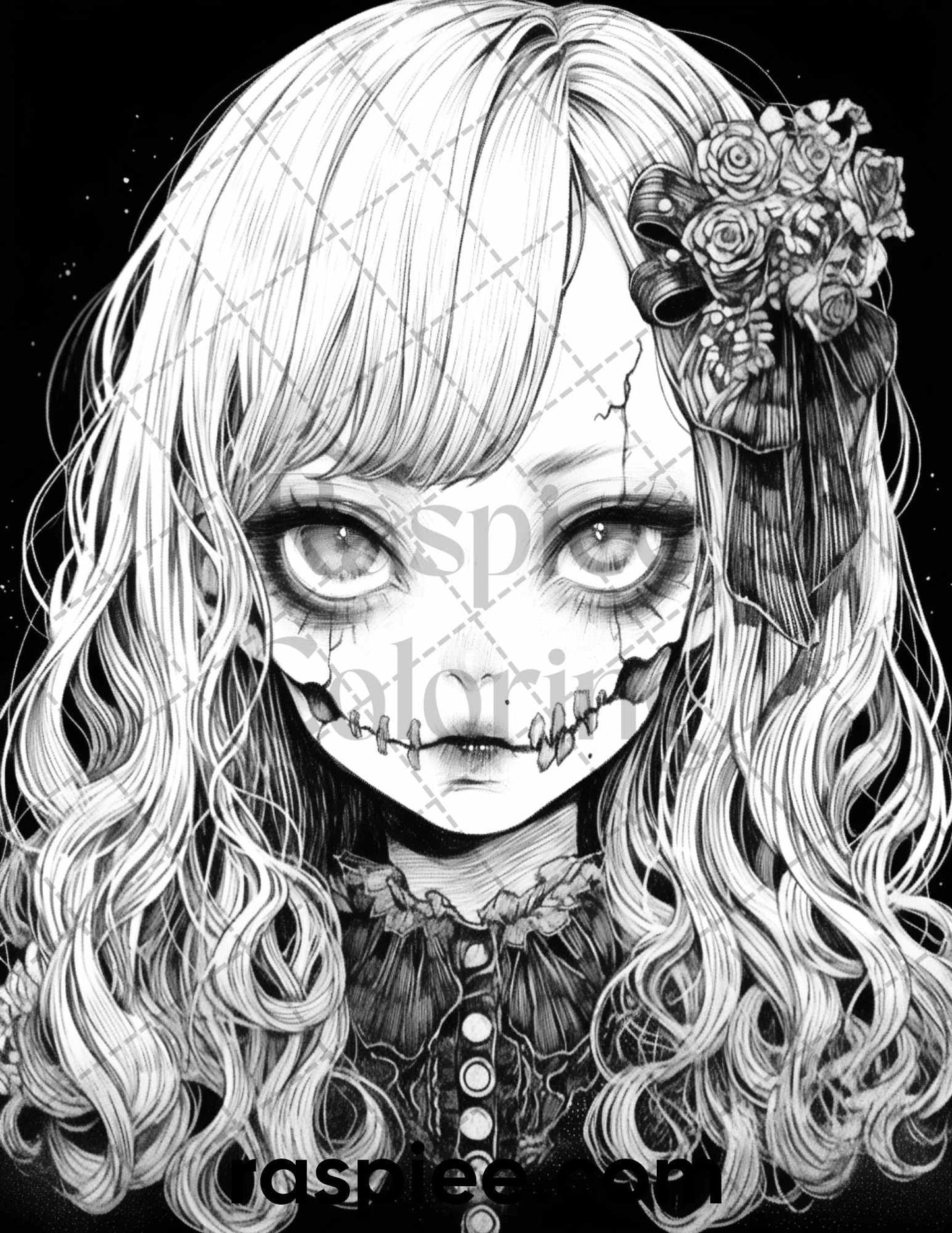 60 Horror Beauties Grayscale Coloring Pages Printable for Adults, PDF File Instant Download