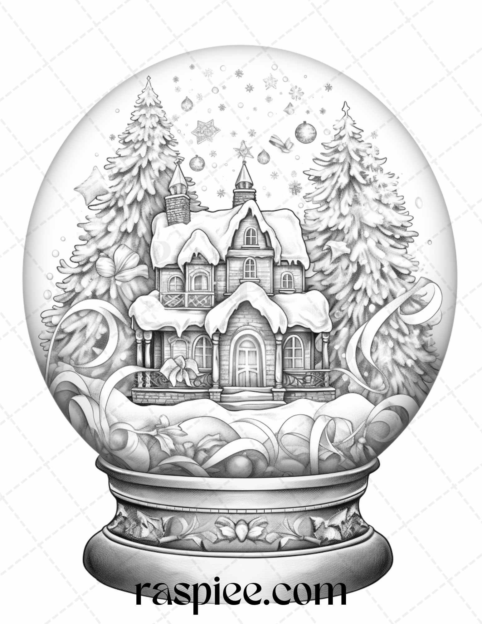 Cozy Cabin in Snow Globe Grayscale Coloring Pages Printable for Adults, PDF File Instant Download