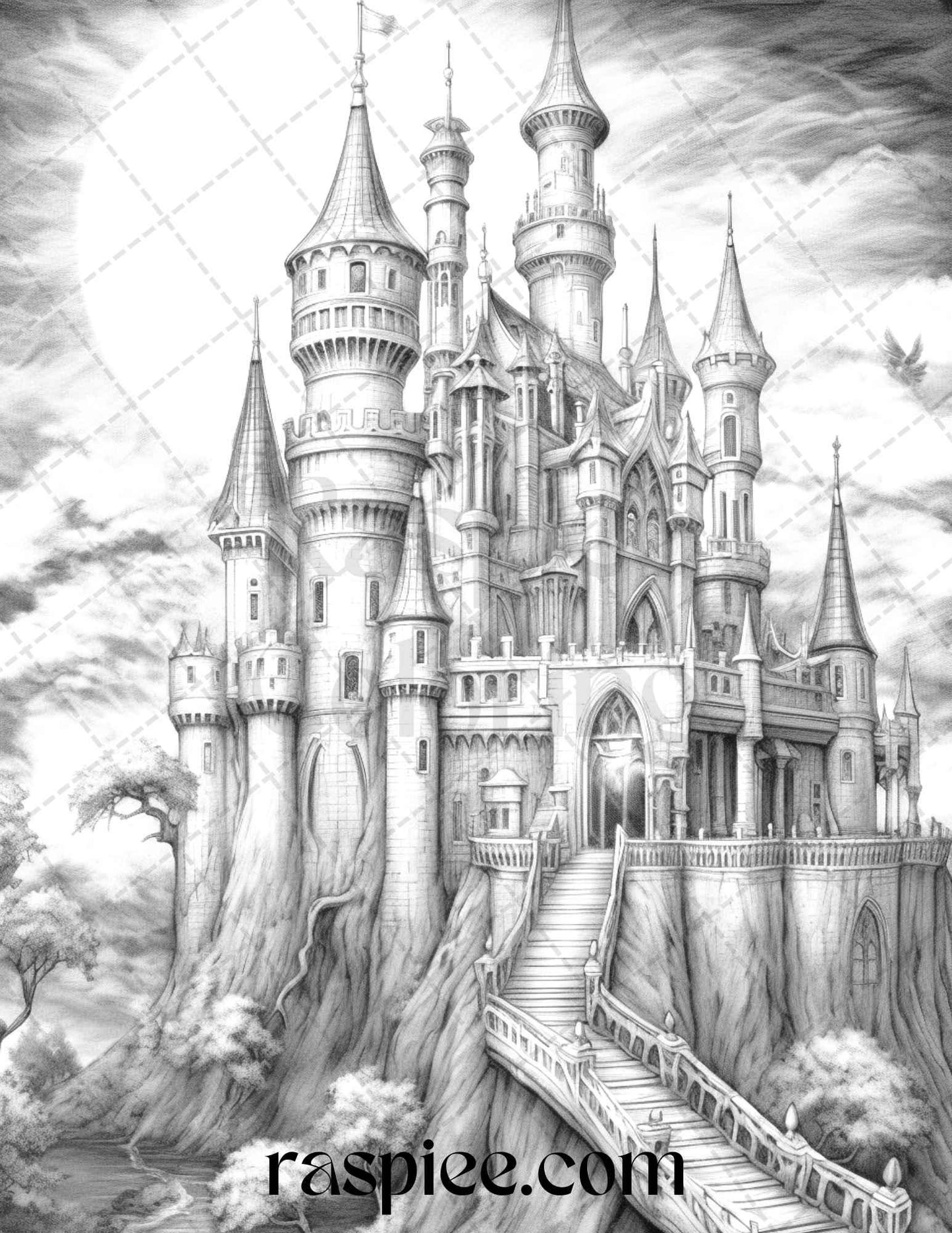 50 Haunted Castles Grayscale Coloring Pages Printable, Halloween Coloring Book, PDF File Instant Download
