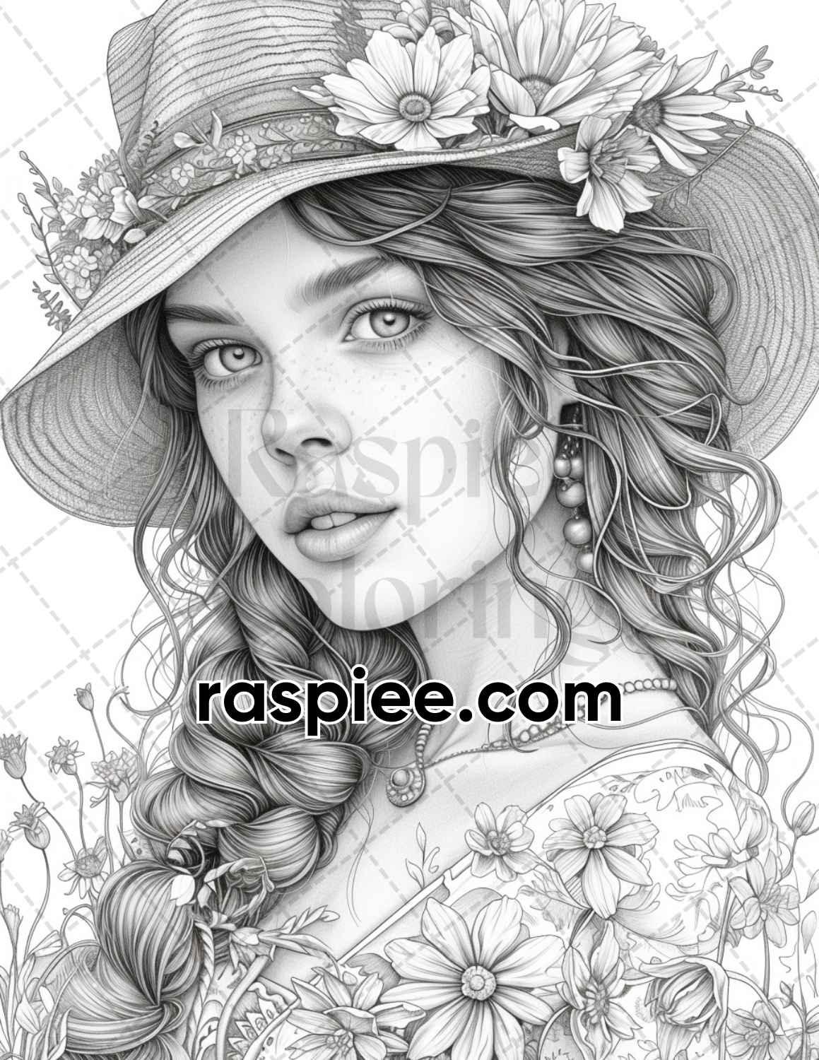 62 Spring Victorian Girl Portraits Grayscale Adult Coloring Pages, Printable PDF Instant Download