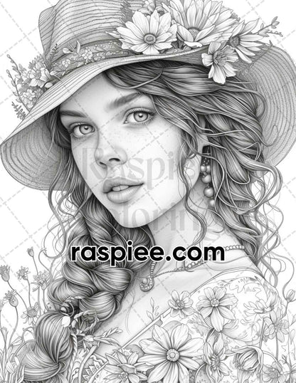 62 Spring Victorian Girl Portraits Grayscale Adult Coloring Pages, Printable PDF Instant Download
